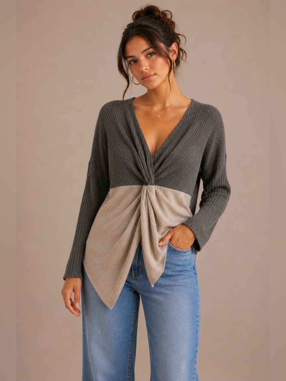 THML Waffle Knit oversized‎ twist front  blouse top